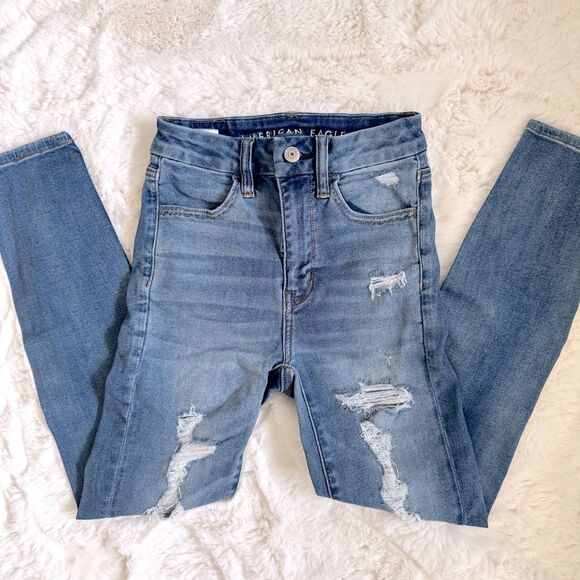 AE Super Hi-Rise Distressed Ripped Jeggings 00 X-Short - Picture 3 of 5